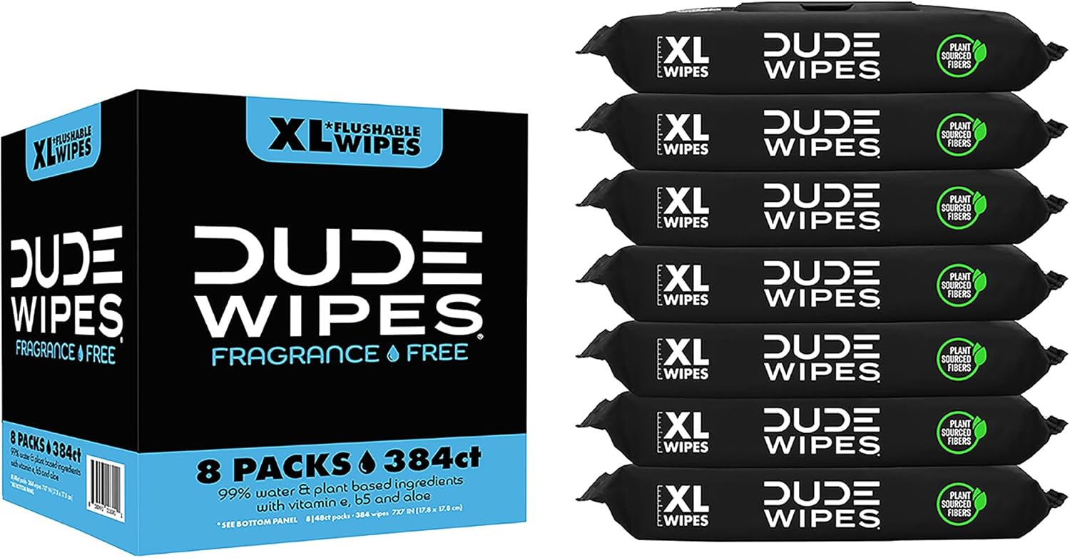 DUDE Wipes - Flushable Wipes - 8 Pack, 384 Count - Fragrance Free Extra-Large - Vitamin-E & Aloe - Septic and Sewer Safe