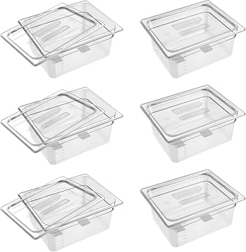 6 Pack 1/2 Size 6 Deep Clear Food Pans with Lids, Commercial Food Pans Polycarbonate Transparent Food Storage Containers, Stackable Plastic Pan with Capacity Scale, Restaurant Supplies Hotel Pan