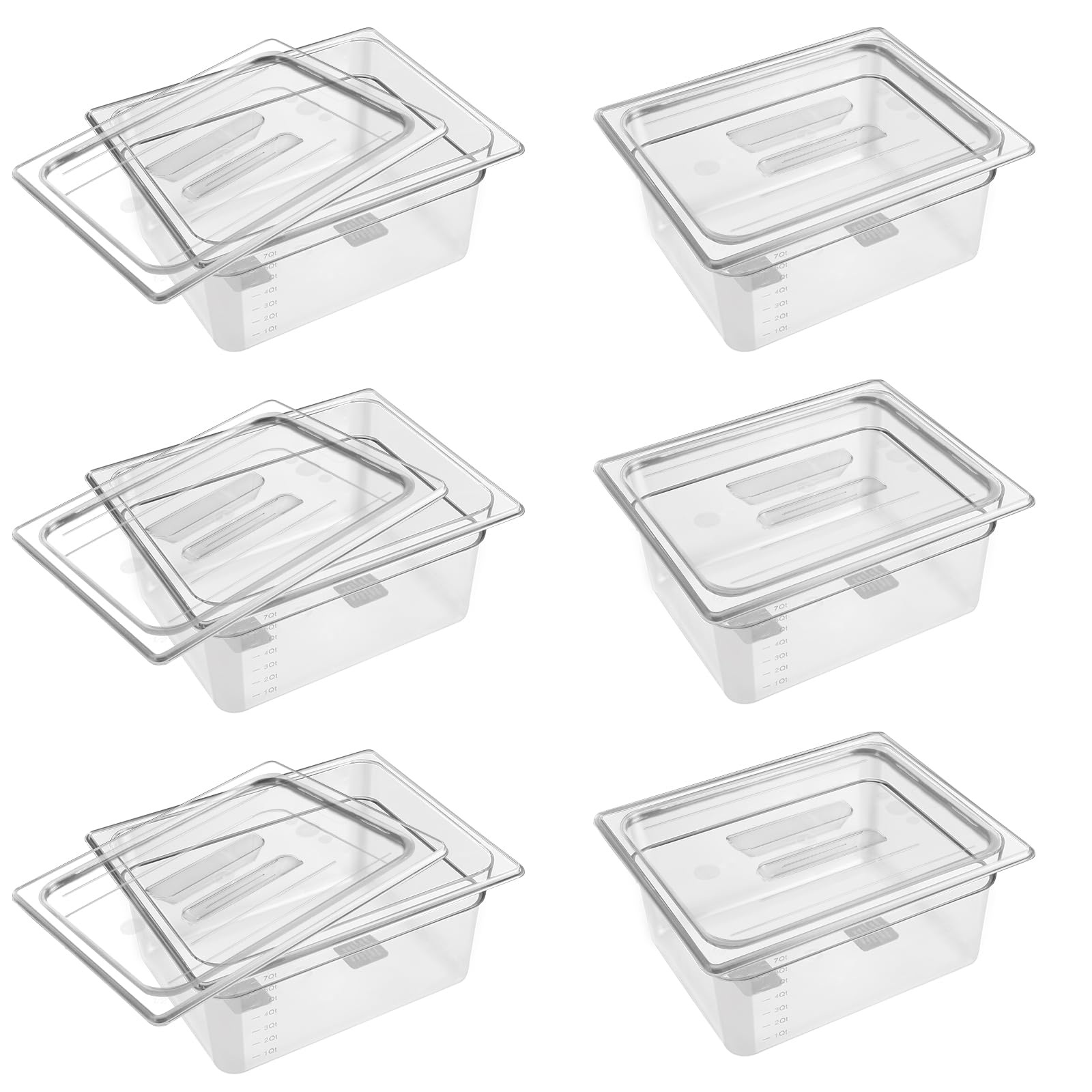 Paquete de 6 sartenes transparentes de 1/2 de 6 pulgadas de profundidad con tapas, sartenes comerciales de policarbonato transparente para almacenamiento de alimentos, sartén de plástico apilable con