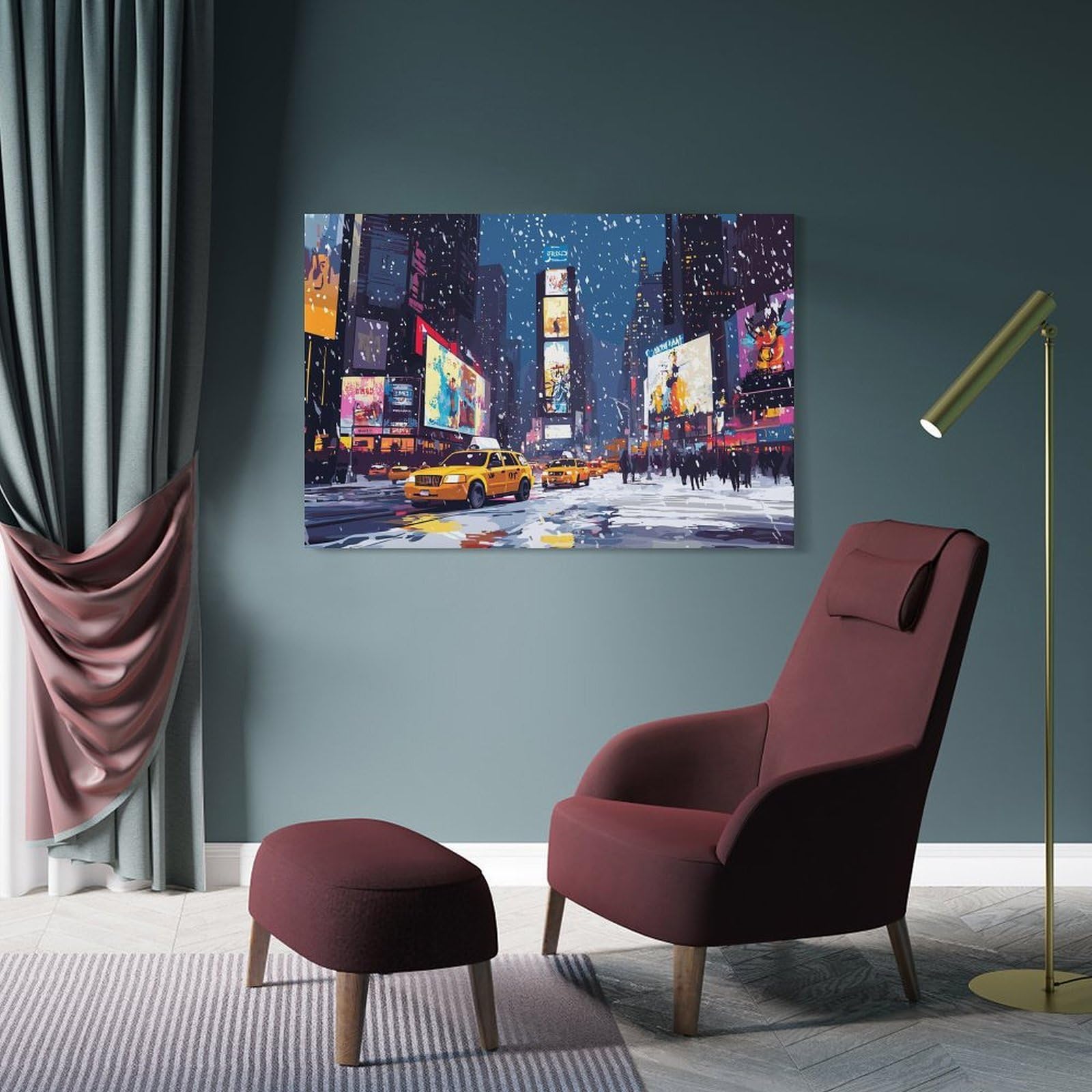 Junmoney Frame-Style-8-1 Wall Picture Print Snowy Times Square With Yellow Cabs, 16X24inch(40X60cm), For Entrance Walls, Hall Decor Or Foyers, Home Artwork For First Impressions