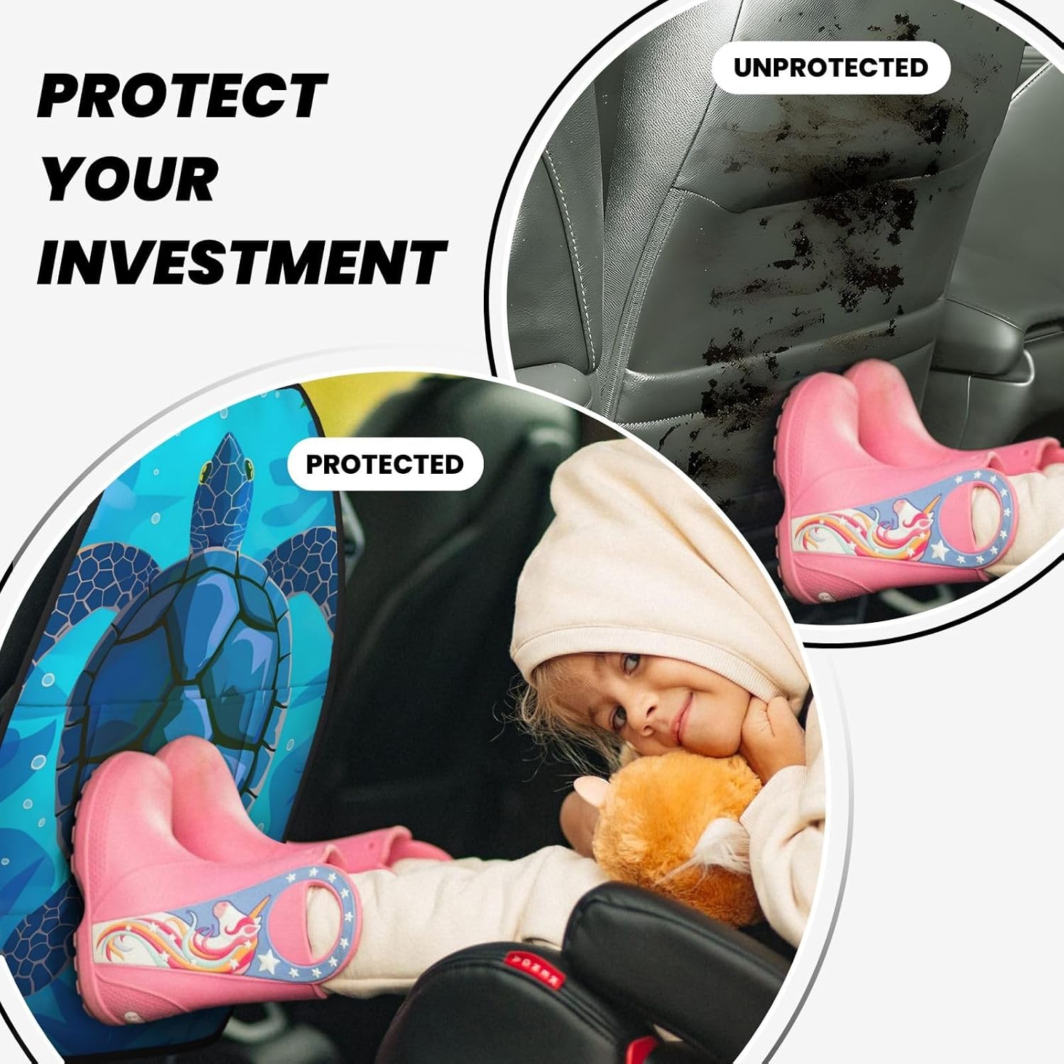 Car Seat Back Kick Protector 2 Pack 18.5x26.4 Inch, Cartoon Turtle Underwater Anti-Kick Pad, Waterproof Oxford Fabric Large Rear Seat Cover for Kids Pets Fits SUV Jeep Truck Sedan
