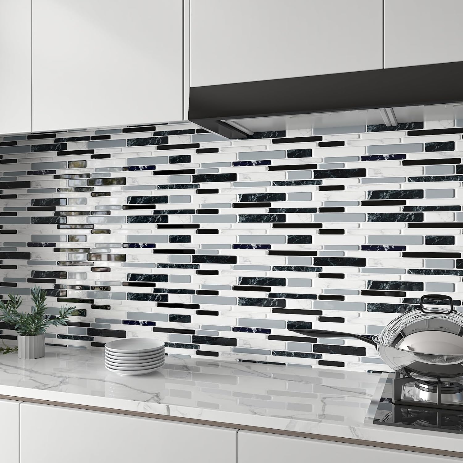 CHIHUT 16 Sheets Peel and Stick Kitchen Backsplash Tiles 12''x12'' Black White Marble Tiles Waterproof Stick on Back Splash for Bathroom Laundry Room Removable Grey Marble PVC Wall Tile for Fireplace