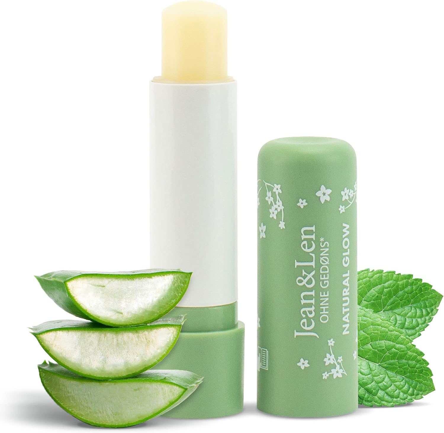 Jean & Len Hydraterende lippenbalsem, biologische aloë vera & munt, beschermt de lippen tegen uitdrogen, verfijnd met biologische aloë vera & sheaboter, lippenverzorging, zonder palm- en minerale olie