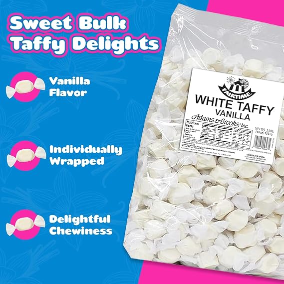 Fairtime White Vanilla Taffy, 3 Pound Bag (Pack of 1) - Individually Wrapped Saltwater Taffy Candy Bulk Pack - Soft & Chewy Candy Gifts for Wedding, Candy Bowl, Party, Buffets, Birthday or Goodie Bags