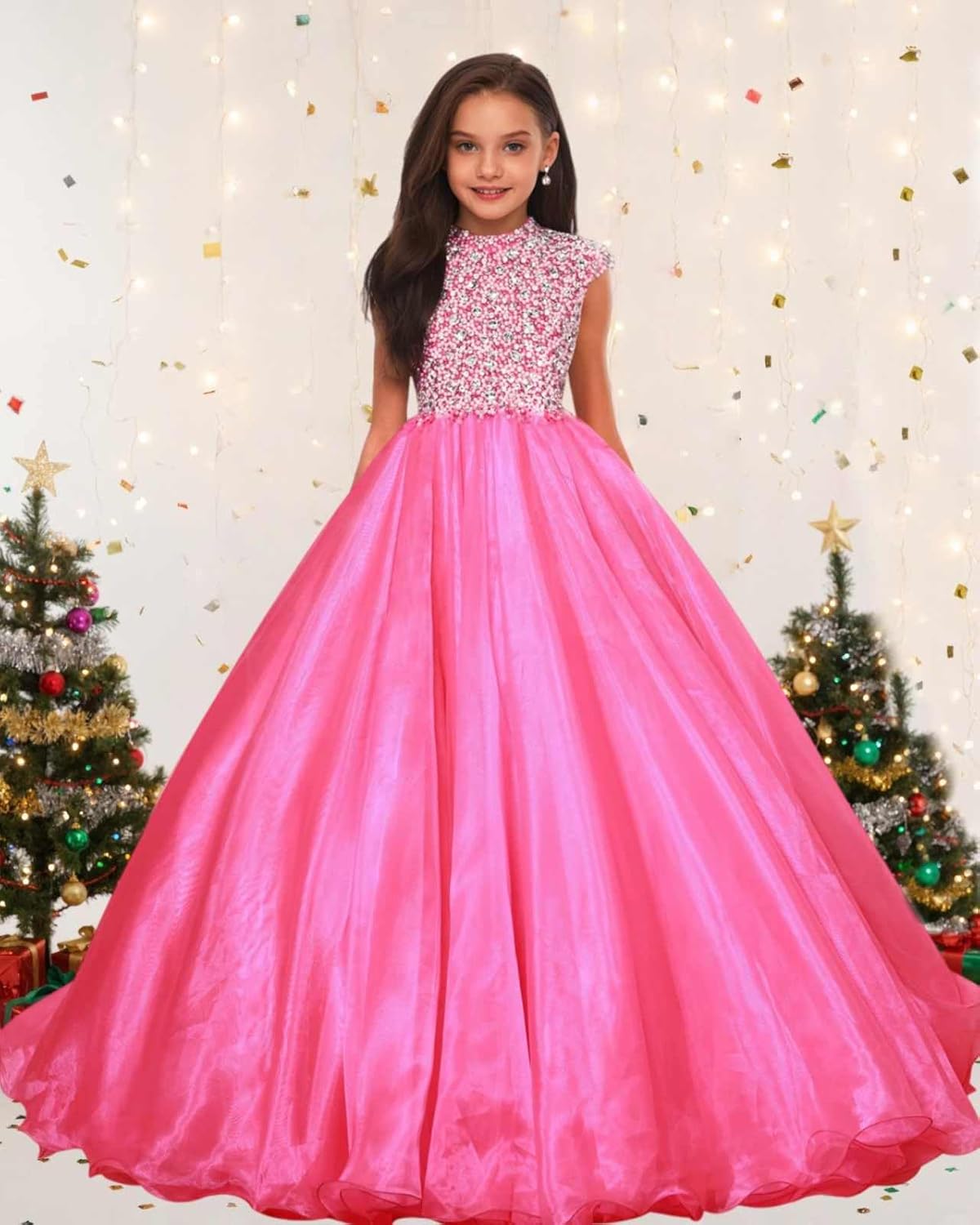 Sejnau Pageant Dresses for Girls Puffy Tulle Flower Girl Dress Rhinestones Beaded Birthday Party Ball Gowns for Wedding