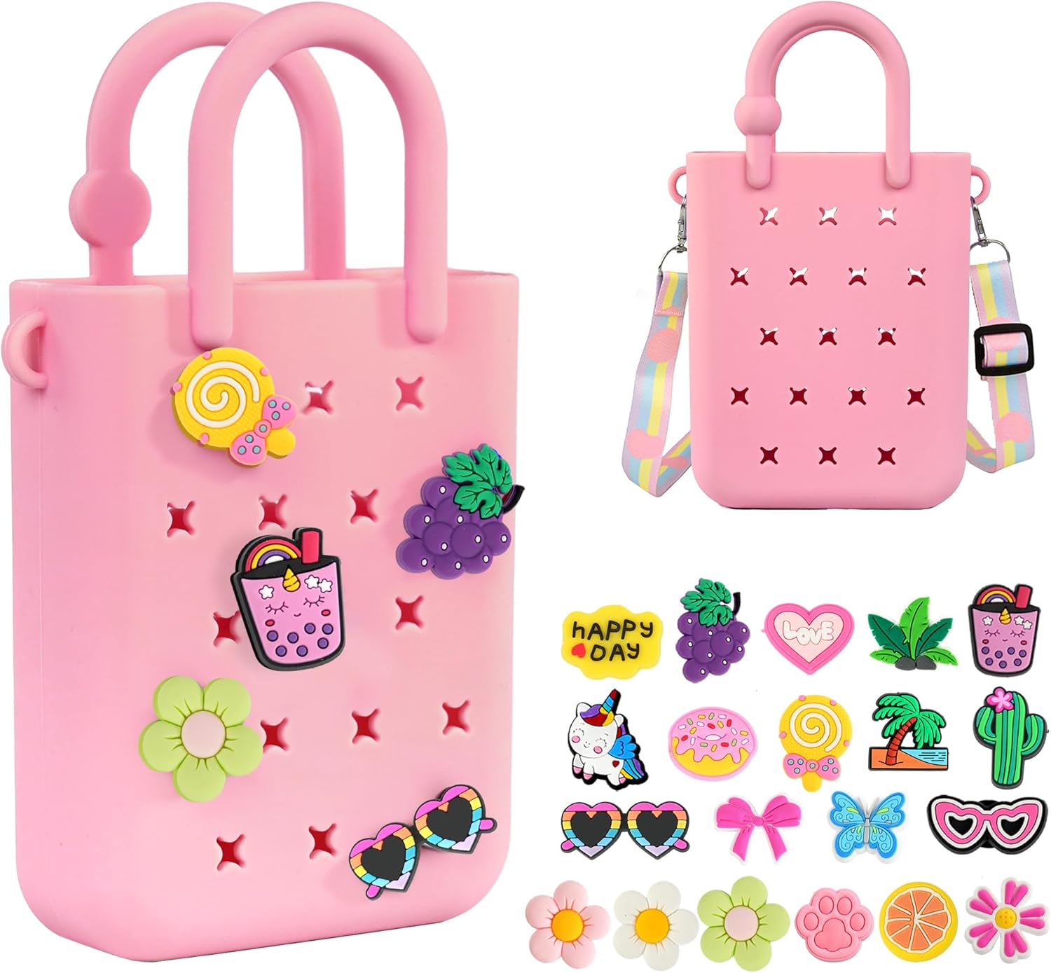Silicone Small Rubber Beach Bag with 20 Charms, Hole Handbag With Adjustable Shoulder Strap, Girls and Woman