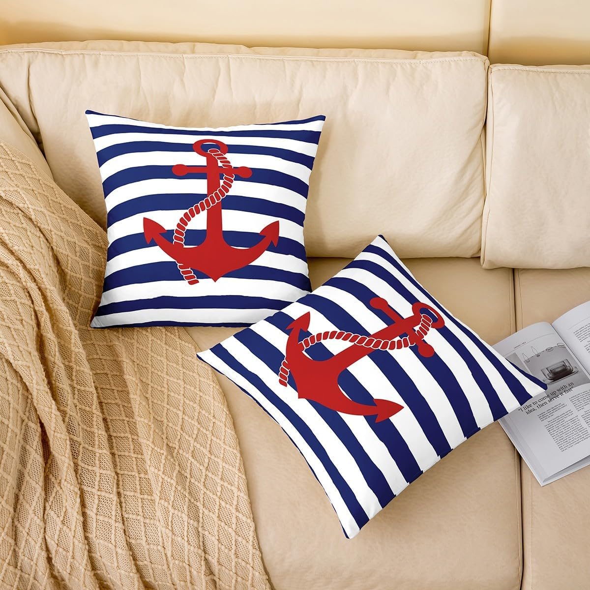 Homewish Maroon Anchor Pillow Cover Nautical Theme Navy Blue Stripes Decor Cushion Cover for Kids Teens Adults Ocean Travel Style Soft Square Cushion Case for Bedroom Sofa RV 24x24 Inch