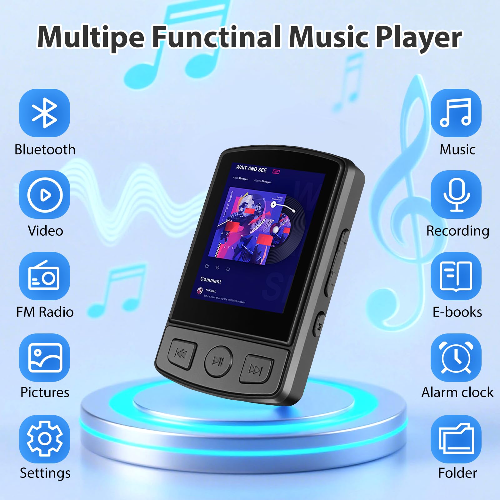 Lettore MP3 Bluetooth 5.2 – 1,8 pollici TFT schermo a colori con clip Sport 32 GB MP3 – lettore radio FM, altoparlante con cuffie, espandibile fino a 128 GB scheda SD per bambini e adulti