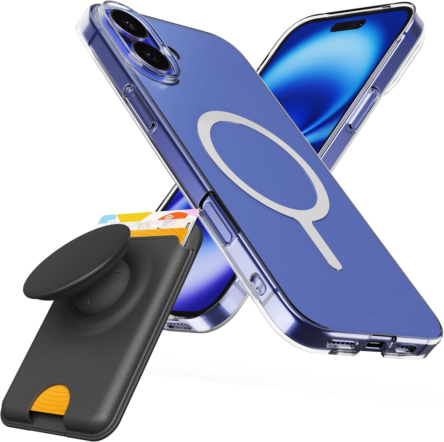 Sinjimoru for MagSafe Phone Grip, M-Tap Tok Wallet Black & iPhone 16 Plus Case Compatible with MagSafe, M-Airclo Basic