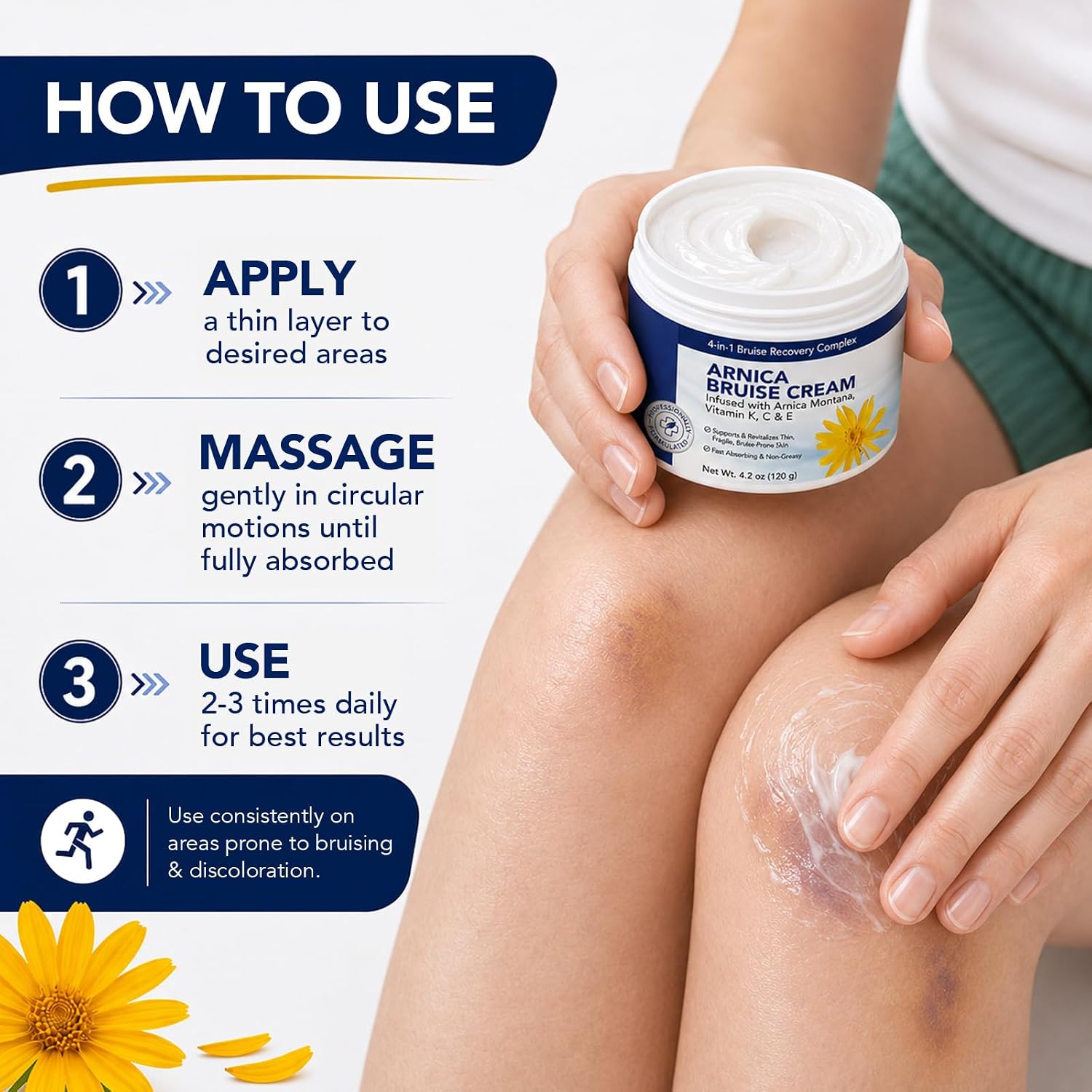 Arnica Cream Extra Strength 4-In-1 with Vitamin K, E, C for Bruising, Swelling, Thin & Sensitive Skin, Moisturizing, Fast-Acting, Plant-Based|4.2 Oz