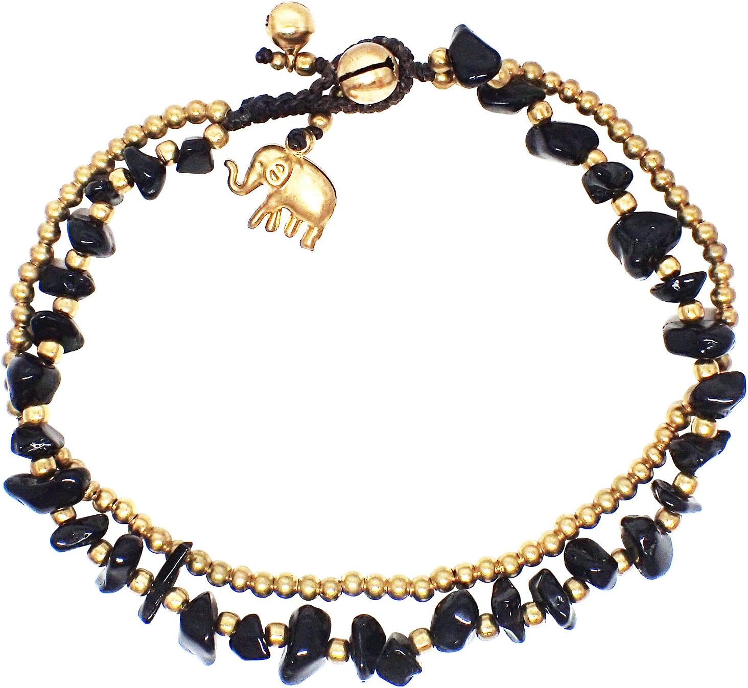 Handmade Black Obsidian Stone Elephant Charm Brass Beads Anklets Bracelet 10 Inches