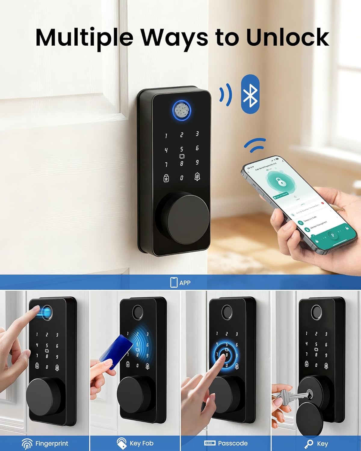 Fingerabdruck-Türschloss, schlüssellos, intelligente Riegelverriegelung, App-Steuerung | Automatische Verriegelung, Einmalpasswort, elektronische Touchscreen-Tastatur, IP54 wasserdicht, einfache Installation
