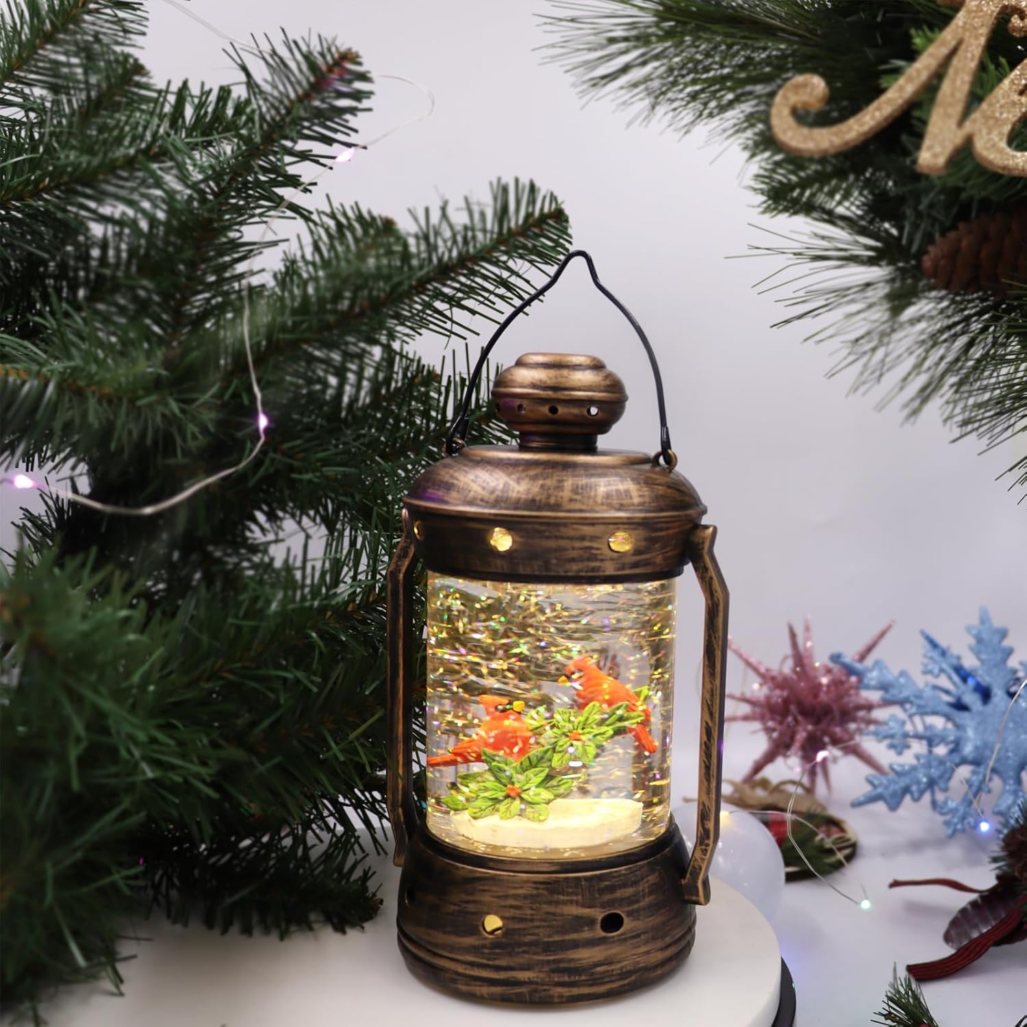 9 in Christmas Cardinal Snow Globe Lantern,Xmas Glittering Snowing Globe with Music,6 Hours Timer, USB Powered/Bateetry Operated Lighted Decoration Gift for Indoor Use