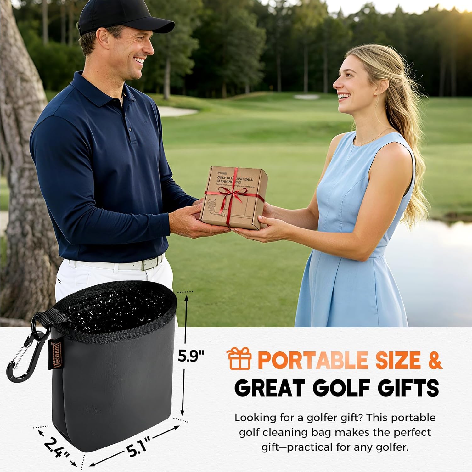 Teccom Golf Club and Ball Cleaning Bag, Golf Cleaner Pouch with Three-Layer Waterproof Fabric Technology, Microfiber Layer, Neoprene, PU Leather Exterior, Detachable Clip, Golfer Gift