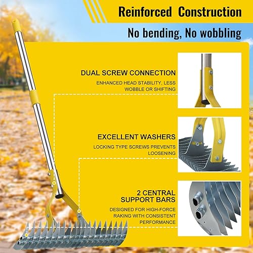 Miniatura 6 de Rastrillo 2 en 1 rastrillo de jardín de acero inoxidable para hojas, paja, 55 pulgadas, resistente, 19 púas para césped manual con cabeza ajustable,