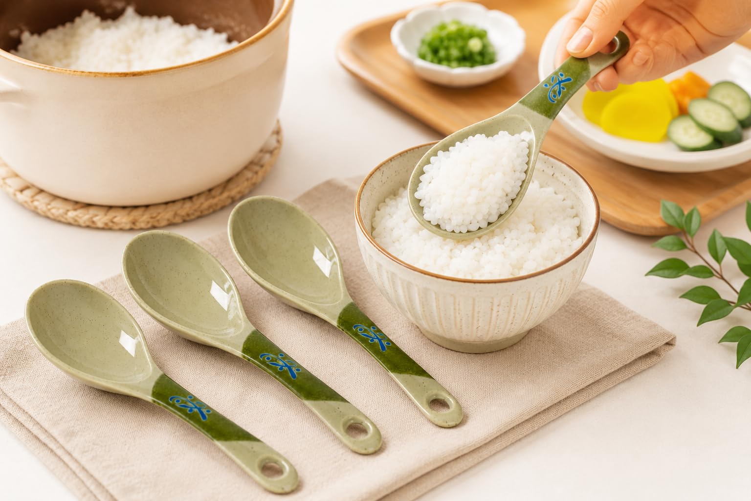 JapanBargain, Servierlöffel, japanische Suppen-Servierlöffel, chinesische Suppe, Servierlöffel, Reis, Servierlöffel, Tisch-Servierlöffel, grüne Farbe, 4 Stück