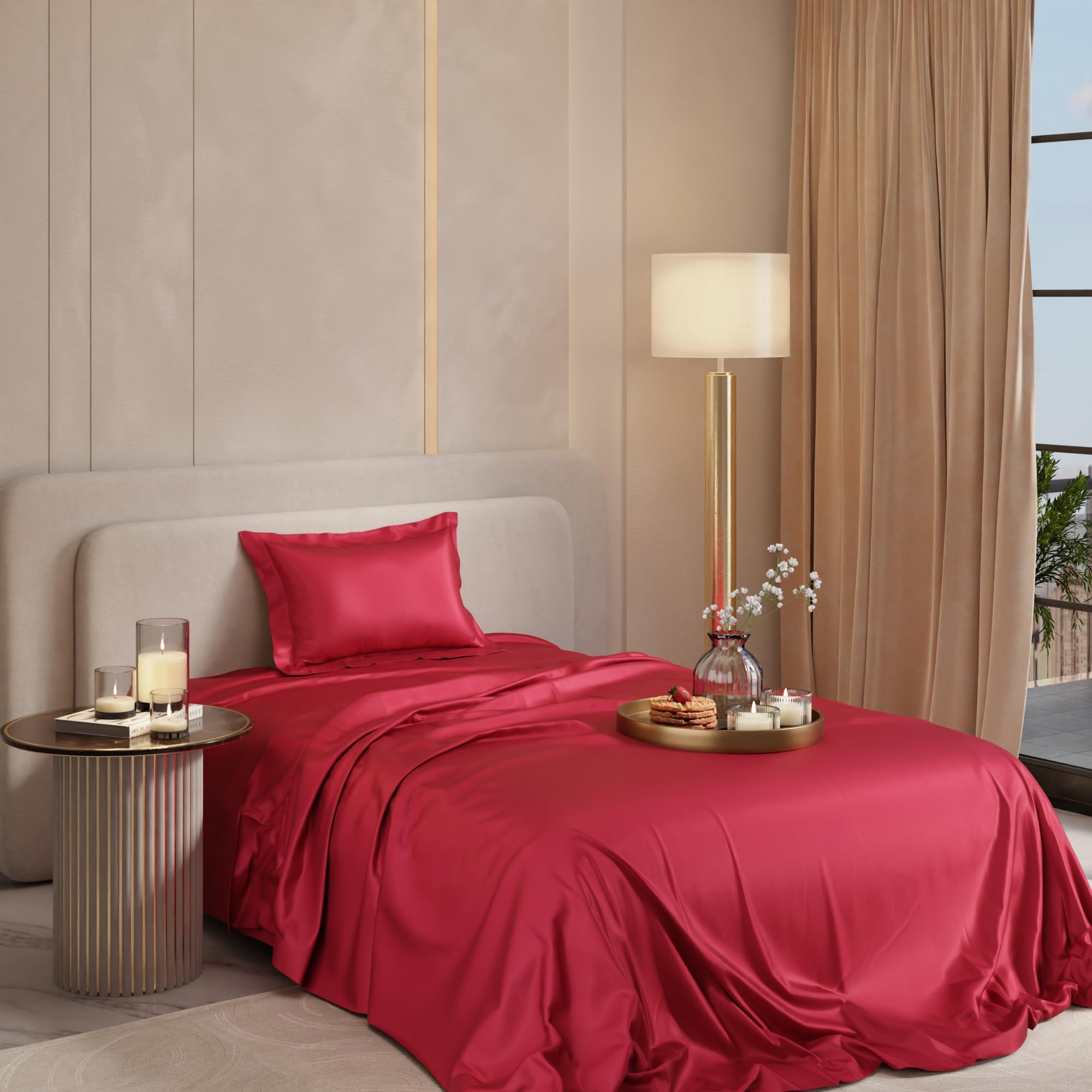 Stoa Paris 300 TC Satin Bedsheet Single Bed with Pillow Covers, Premium Ultra Satin Bedding Set, Gifts for Women, Couples, Wedding, Bedroom Home Furnishing, Date Night Collection - Flirty Red