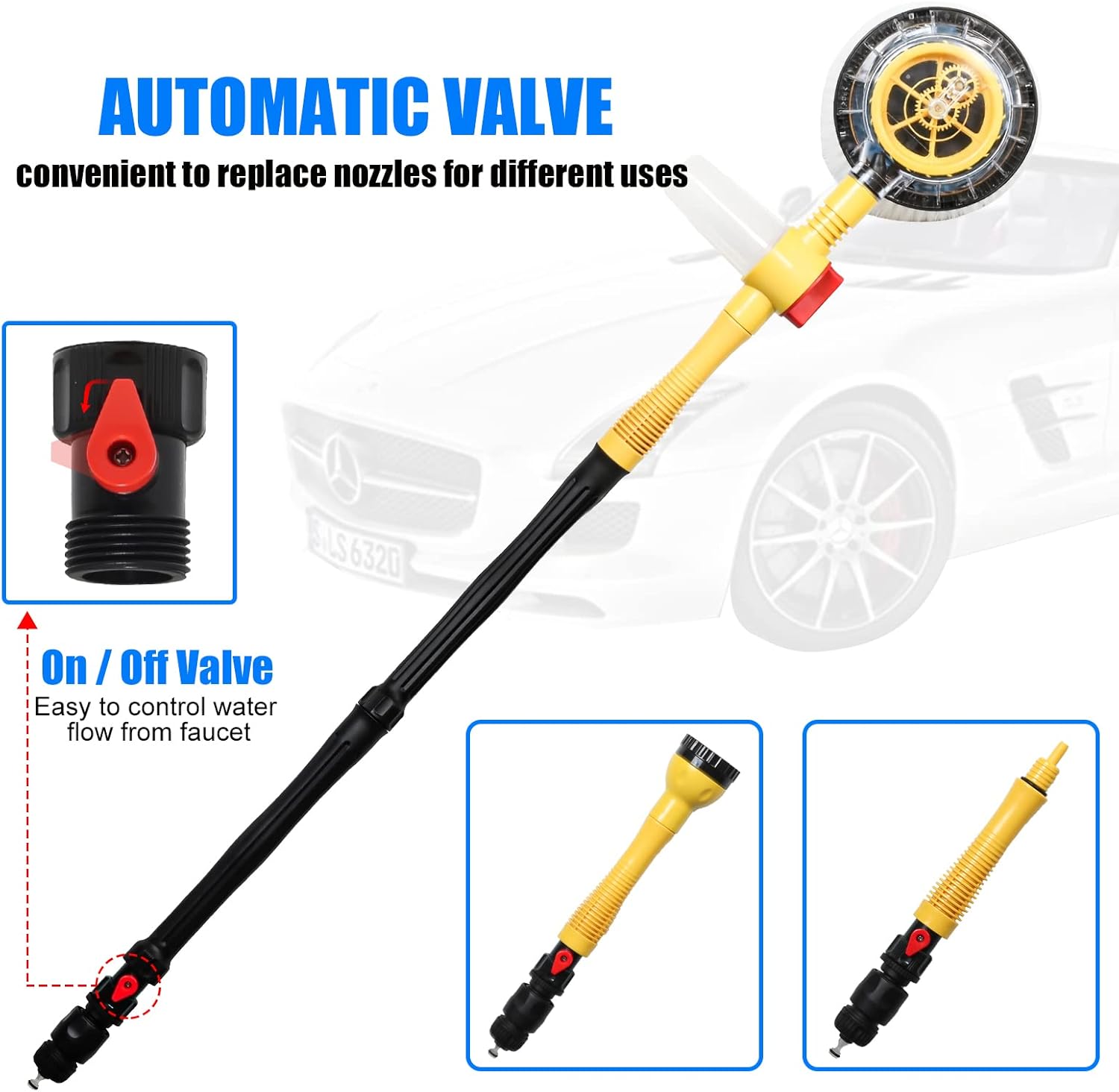 Rotating Car Wash Brush, Car Wash Brush with Long Handle,Automatically Foams Car Wash Kit with Car Cleaning Brush,Pressure Washer Gun and Hose Nozzle for Cars,Yards,Gardens,Pets etc