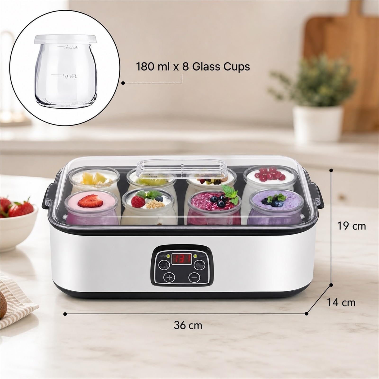 Yogurtiera Automatica con 8 Bicchieri In Vetro e Display Lcd | Finitura Argento, Preparazione Colazione Casalinga, Timer 0-48 Ore, 180 Ml X 8 Tazze, Funzionamento a 25 W