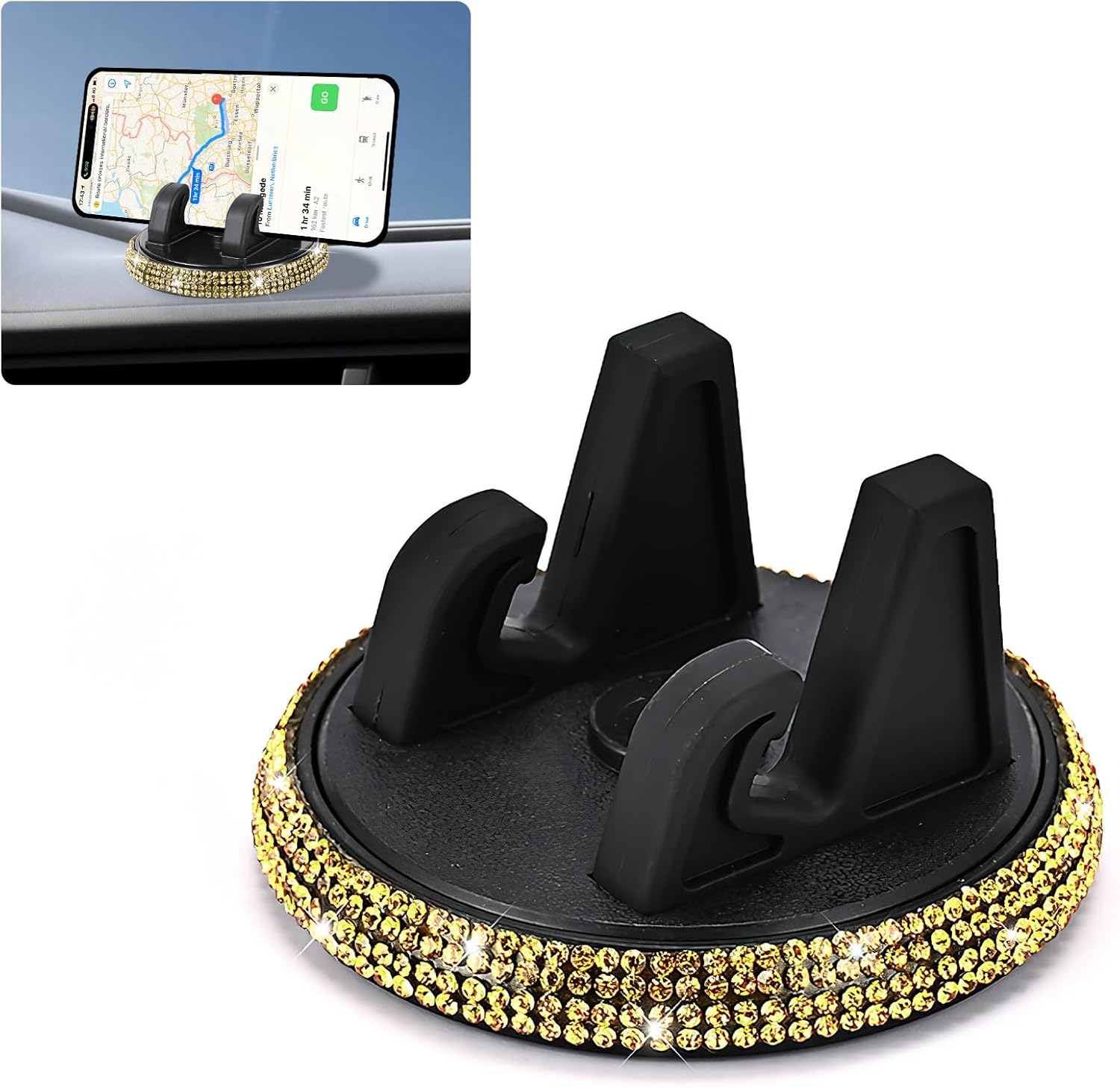 Hovom Bling Car Phone Holder, Rhinestone Cell Phone Holder for Cars Dashboard, 360° Adjustable Auto Dash Board Cellphone Mount, Self-Adhesive Car Phones Stand for Most Smartphones (Yellow)