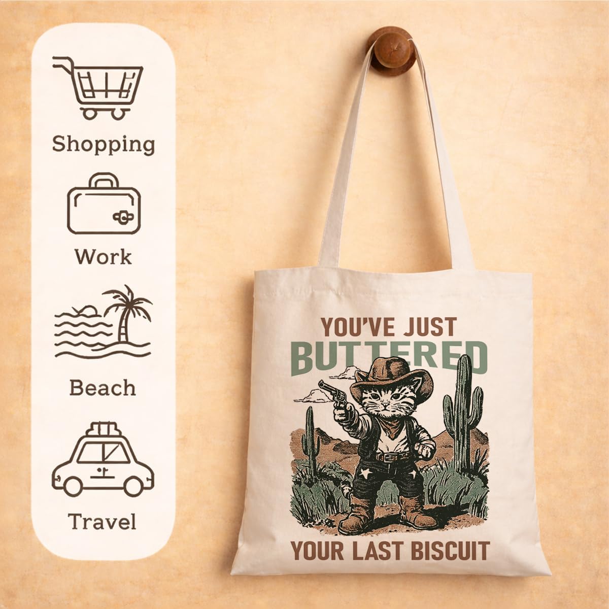 Funny Cowboy Cat Canvas Tote Bag, You've Just Buttered Your Last Biscuit, Reusable Western Shoulder Bag, Carryall for Daily Shopping Library Travel Commute Beach