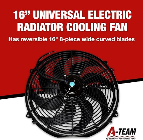 Miniatura 3 de A-Team Performance 180081 16" Tareas pesadas 12V Radiador eléctrico con curva amplia ventilador de 8 aspas y kit termostato, 300 CFM reversible con