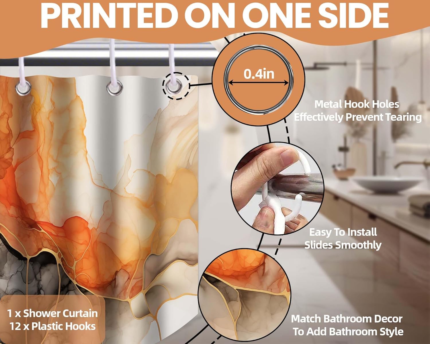 Orange Marble Shower Curtain Abstract Modren Crack Colorful Bathroom Decor, Waterproof Cloth Fabric with Hooks(70" Wx78 L)