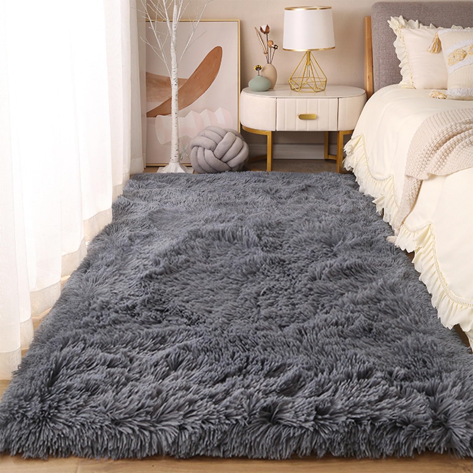 Tapis à poils longs doux en peluche lavable gris foncé
