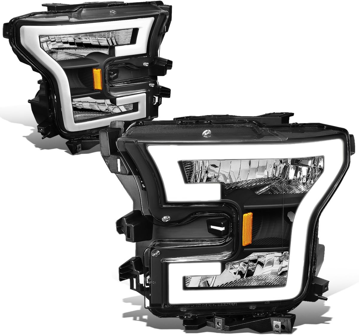 DNA MOTORING LED DRL Front Bumper Headlight/Lamps Compatible with 15-17 F150, Black amber (HL-LB-F15015-BK-AM)