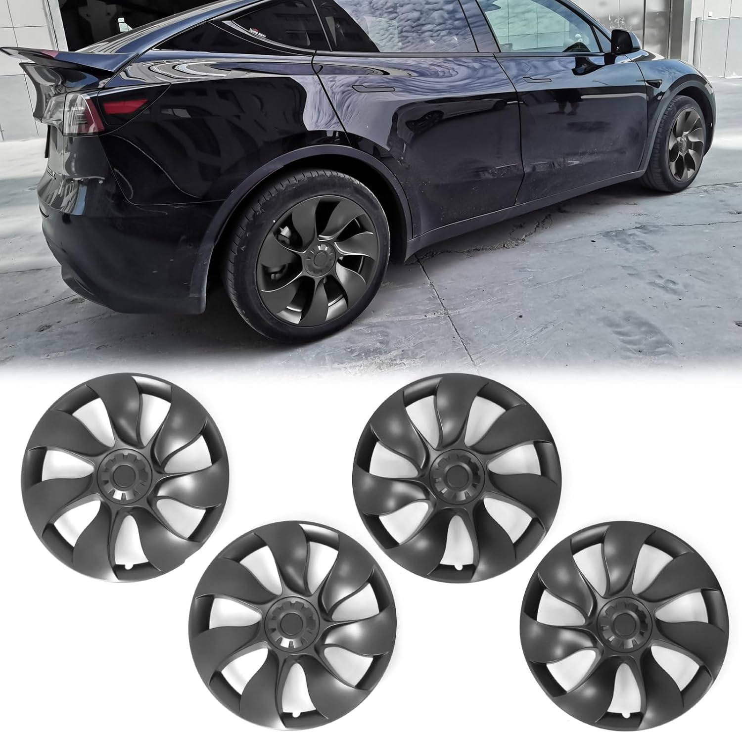 FREEMOTOR802 Compatible with 2020-2023 Tesla Model Y 19" Wheel Hubcaps Rim Cover, Gunmetal Symmetry Design Style ABS 4 Pieces Whirlwind Shaped Hub Cap Replacement
