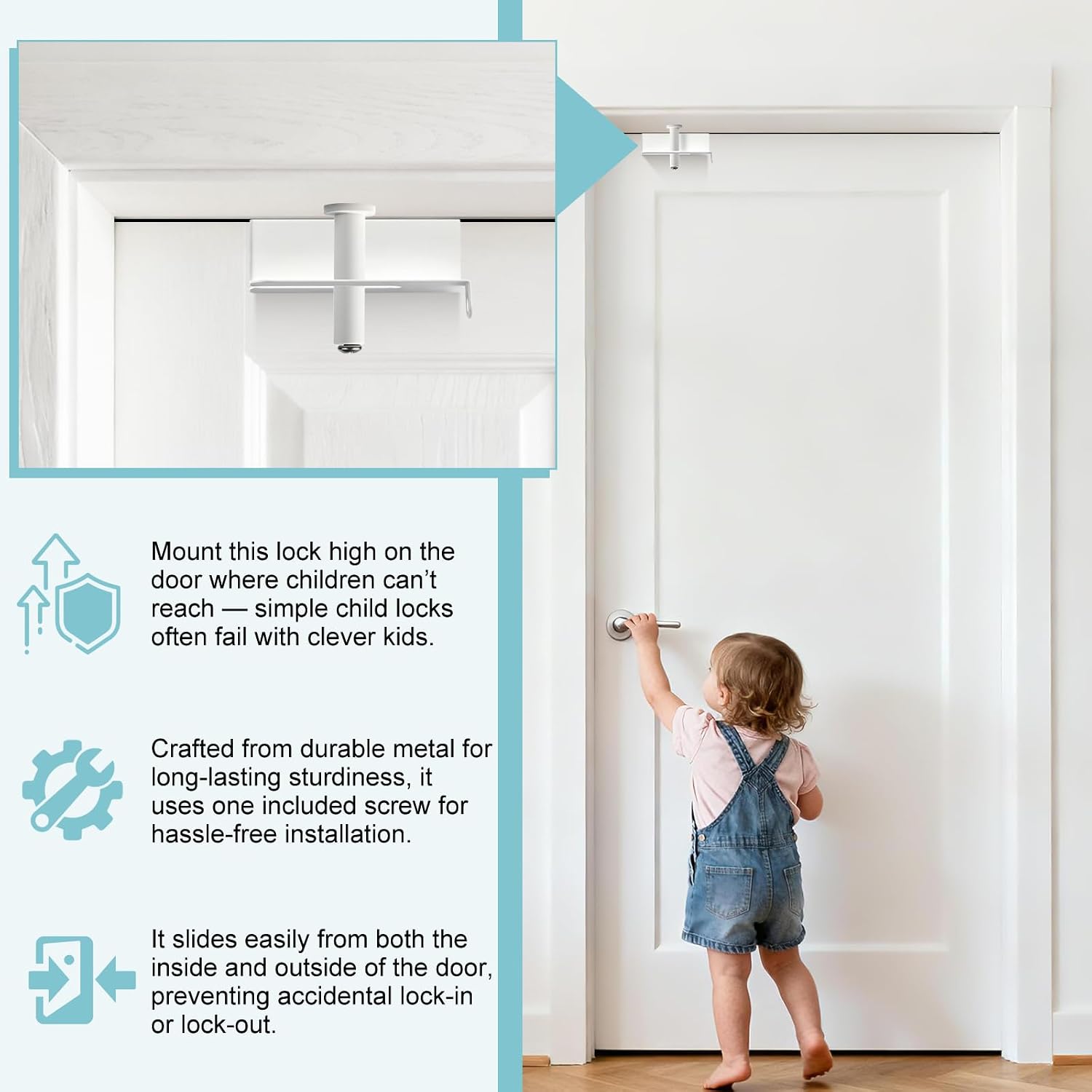 Child Safety Door Top Lock, Adjustable Metal Child Proof Door Top Locks for Interior&Exterior&French Doors, Lock & Unlock from Both Sides for Childproofing, Fit 0.6-2 inch Thick Doors (1Pack White)