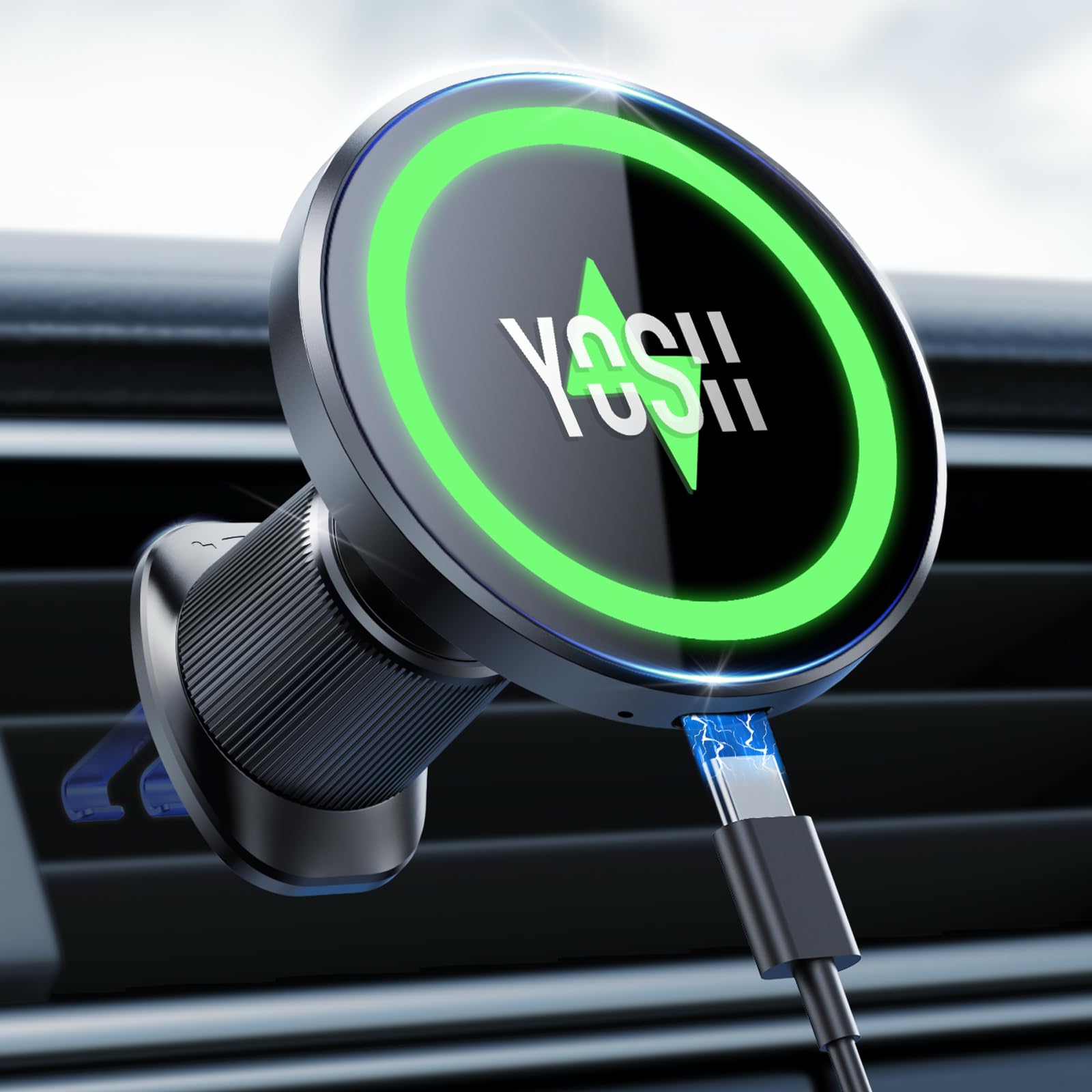 YOSH für MagSafe Autohalterung mit Ladefunktion, [verlängerter Metall-Doppelhaken & N56 Magnete], 15W Schnellladen, magnetische Handyhalterung Auto für MagSafe, für iPhone 12-17 Samsung & Pixel