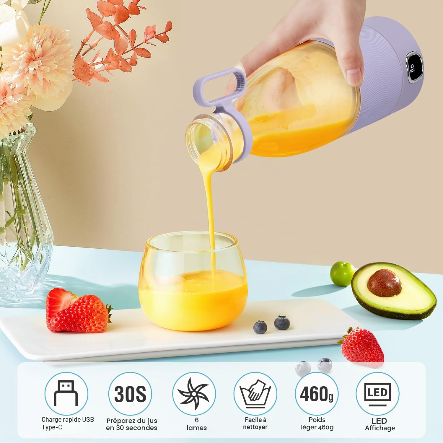 Mixeur portable, MIAOKE, tasse de jus avec 6 lames pour jus, milkshakes et smoothies, mini mixeur de 350 ml avec affichage LED, rechargeable par USB, batterie rechargeable de 3000 mAh, pour la maison