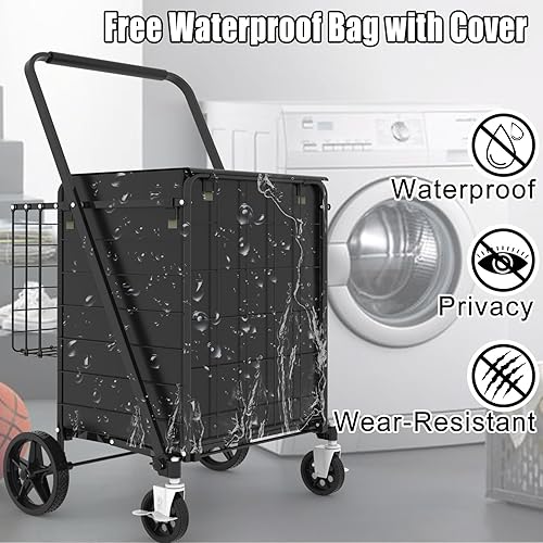 Miniatura 2 de Carrito de compras plegable con ruedas giratorias de freno, carrito de comestibles jumbo con bolsa impermeable y canasta doble, carrito de utilidad