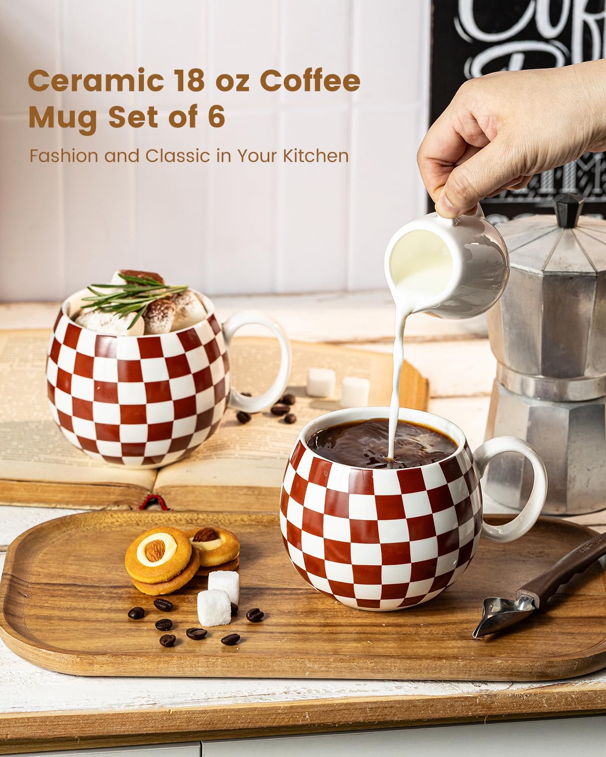 Amazon.com: LAUCHUH Porcelain Coffee Mugs - 18 Ounce Large Mug Set of 6  Coffee Cups with Handle for Father's Day, Tea Latte Cappuccino Milk Cocoa,  Dishwasher & Microwave Safe, Brown and White :