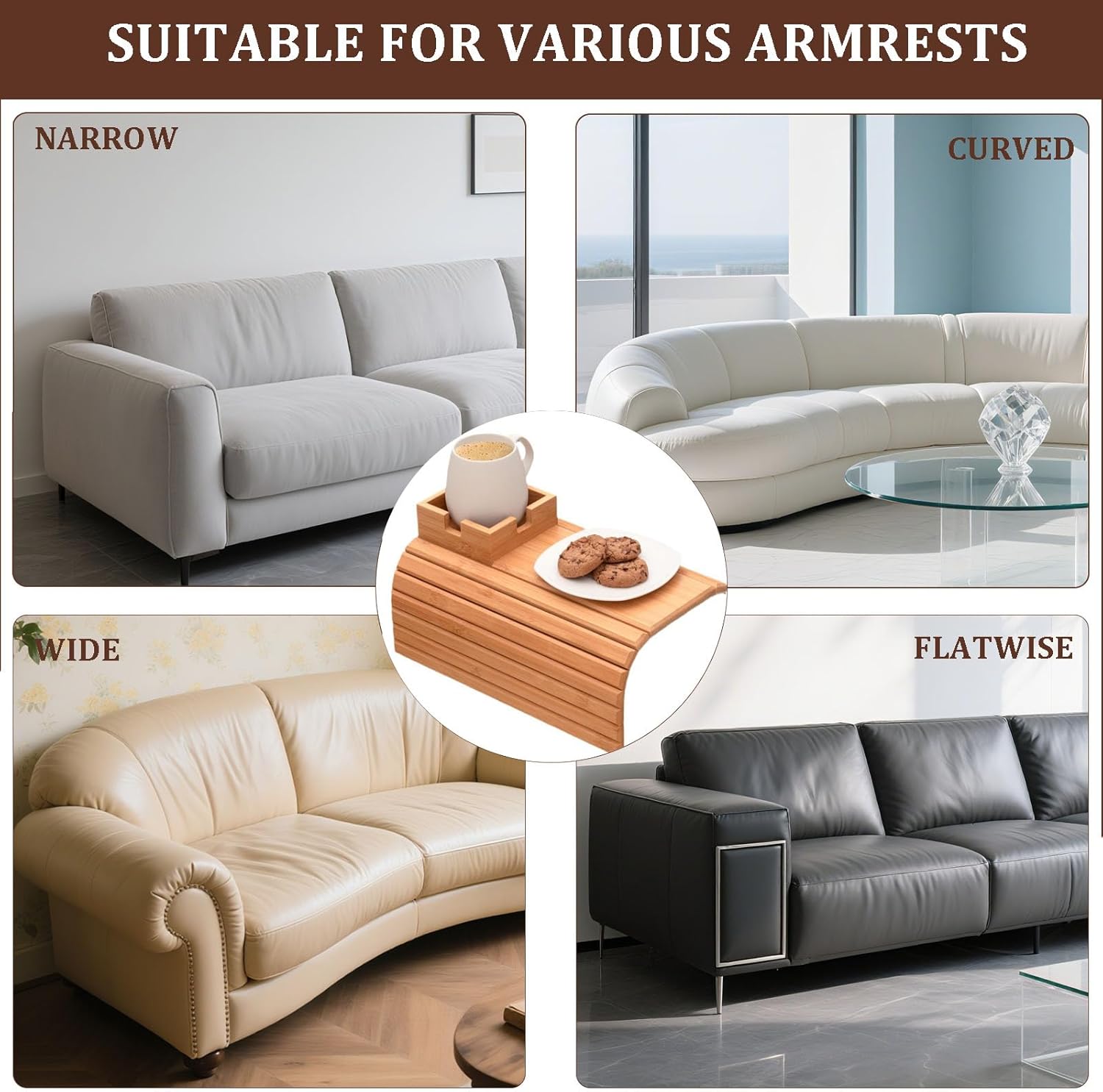 Sofa Arm Tray Table with Cup Holder, Bamboo Couch Armrest Organizer for Remote, Phone, Snacks, Foldable Non-Slip Couch Arm Table Fits Most Sofas, Couches and Recliners