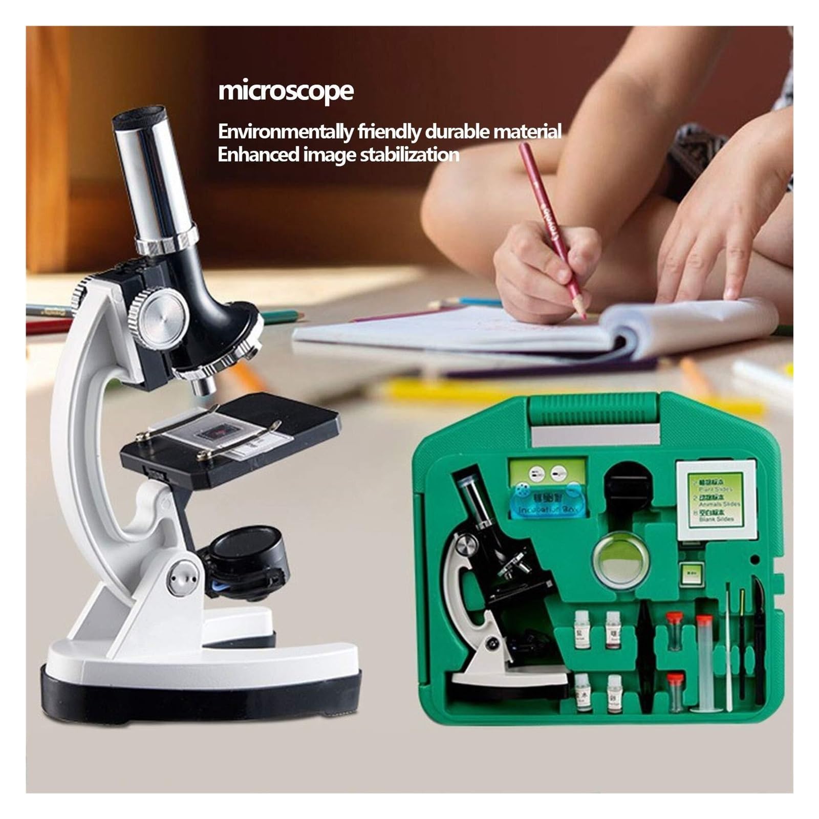 Kit de microscopio para niños, microscopio compuesto portátil, sistema de fuente de luz dual, alta definición