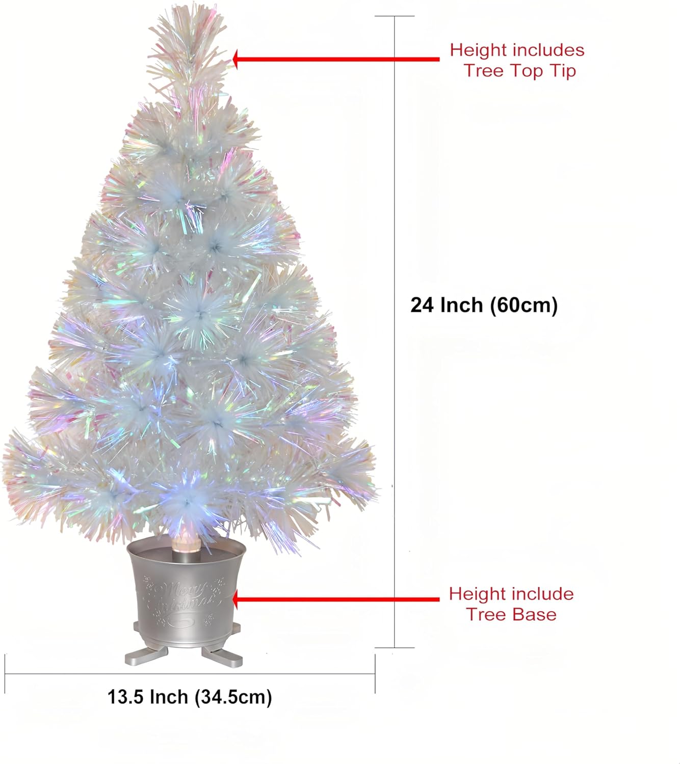 YUETJIN 24 inch Iridescent Pre-lit Mini Fiber Optic Tabletop Christmas Tree with Siver Pot and Adaptor