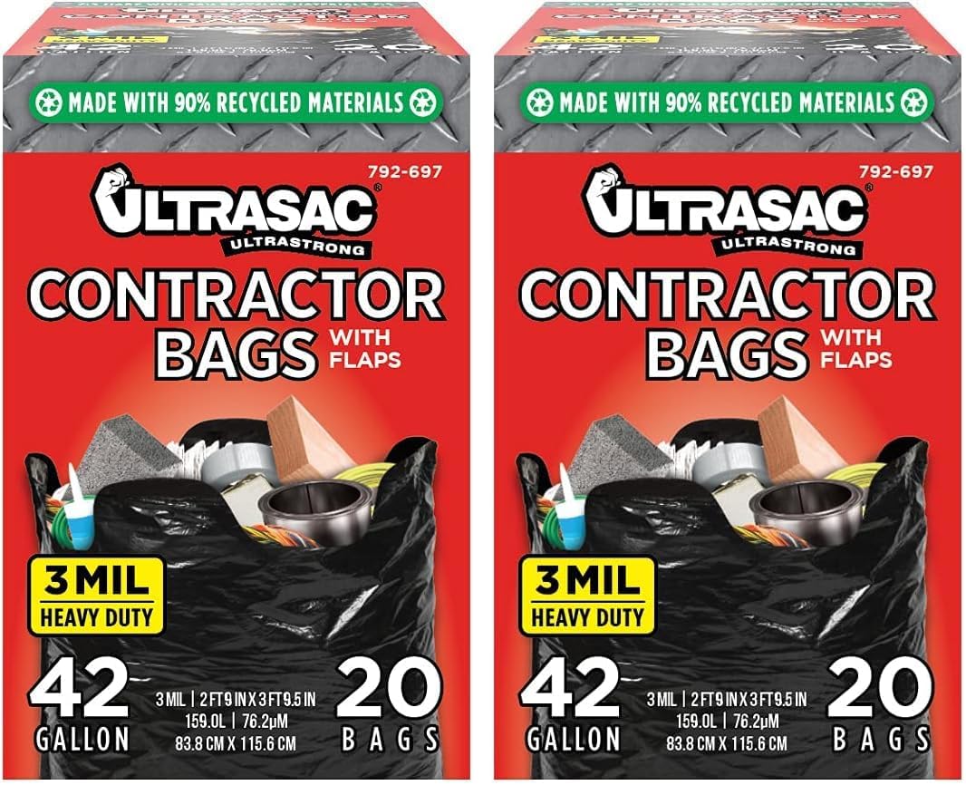 Ultrasac Contractor Bags 42 Gallon (/w FLAP TIES),32.75 x 44.5-3 MIL Thick Large Black Heavy Duty Industrial Garbage Trashbags for Professional Construction and Commercial use,(Pack of 40)