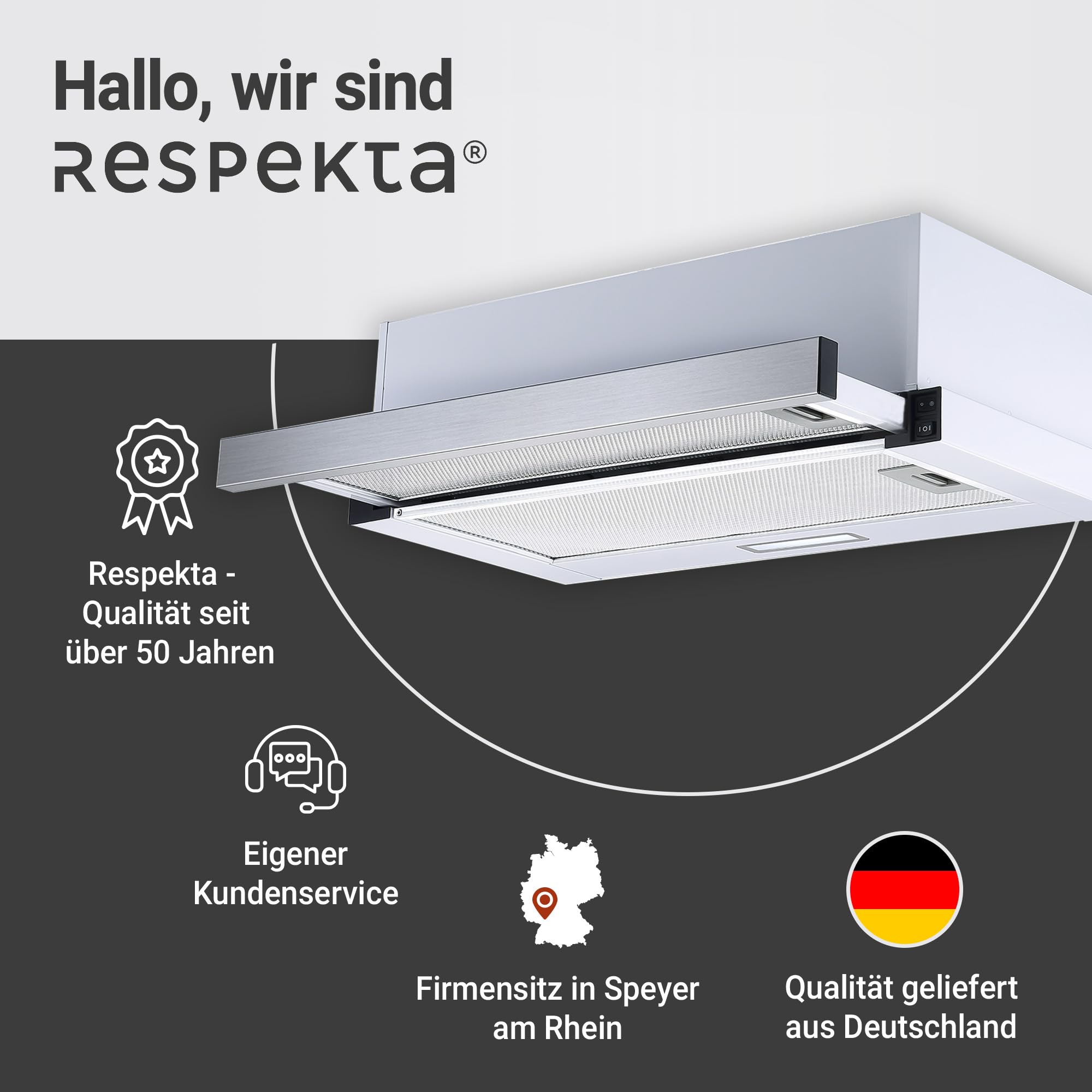 Respekta Dunstabzugshaube 60 cm Edelstahlgehäuse Weiß Abluft Umluft CH4138IXC 53–64 dB