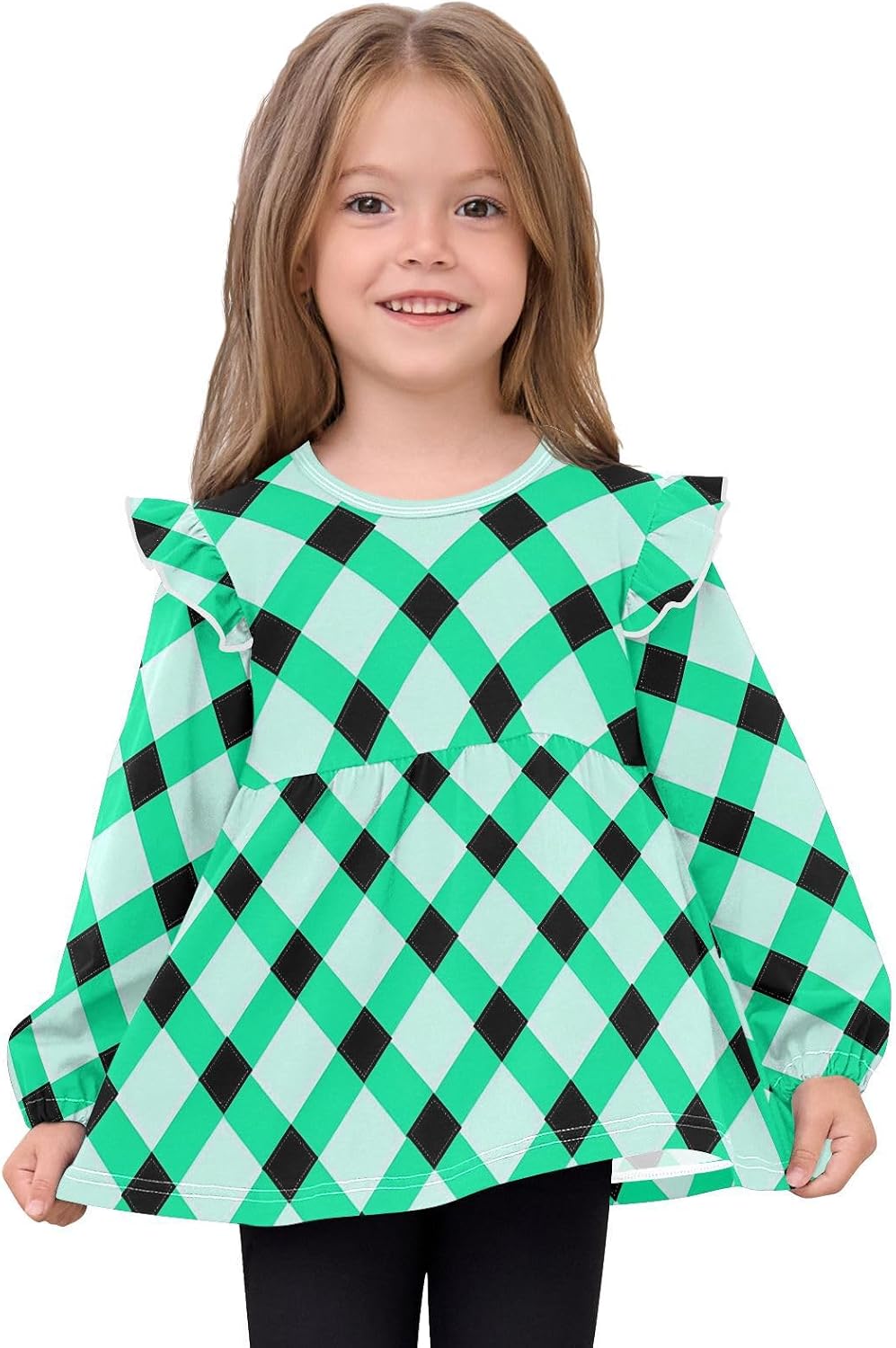 visesunny Toddler Clothes for Girls Green Black Mismatch Check Long Sleeve Fall Shirts Cotton Top with Ruffle Collar
