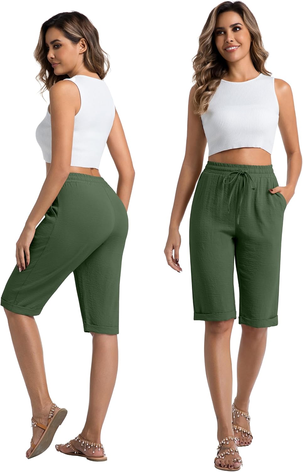 Womens Bermuda Shorts Lightweight Drawstring Knee Length Shorts