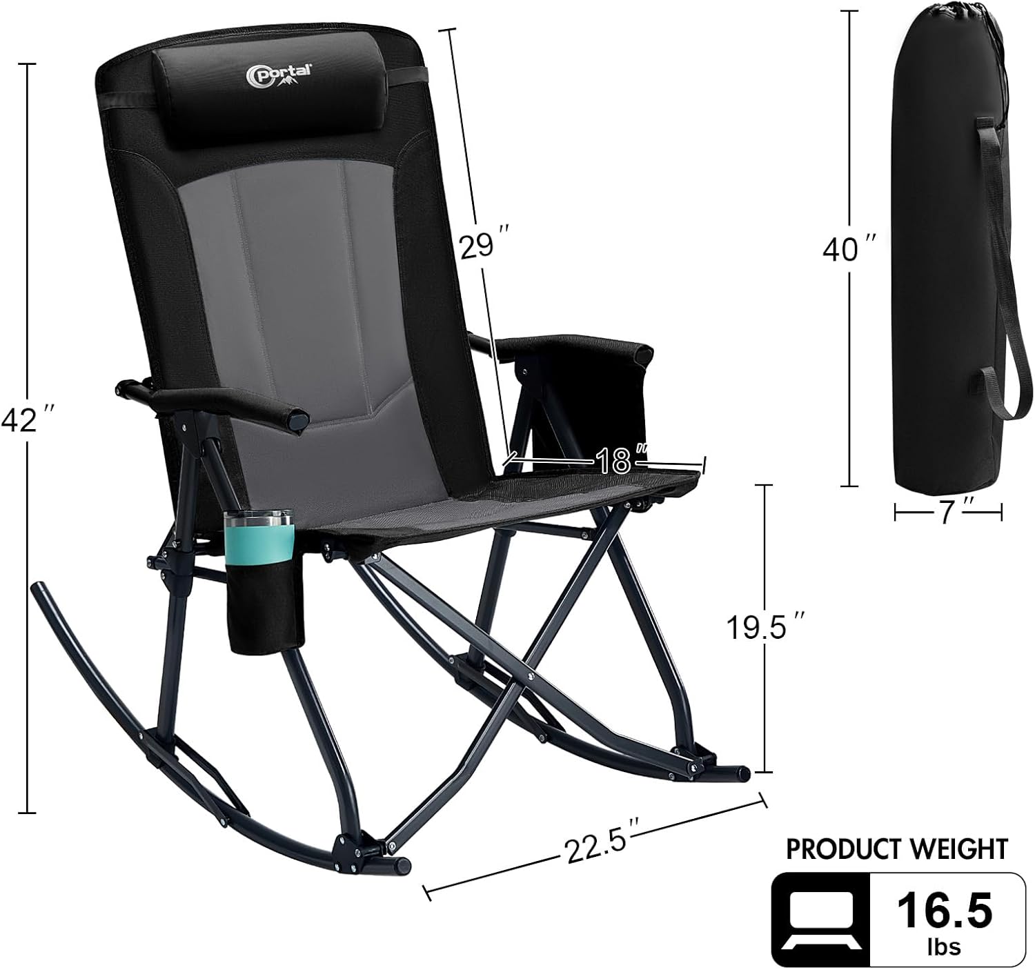 PORTAL Oversized Folding Rocking Camping Chair Portable Outdoor Rocker with High Back Hard Armrests Carry Bag, Supports 400 lbs
