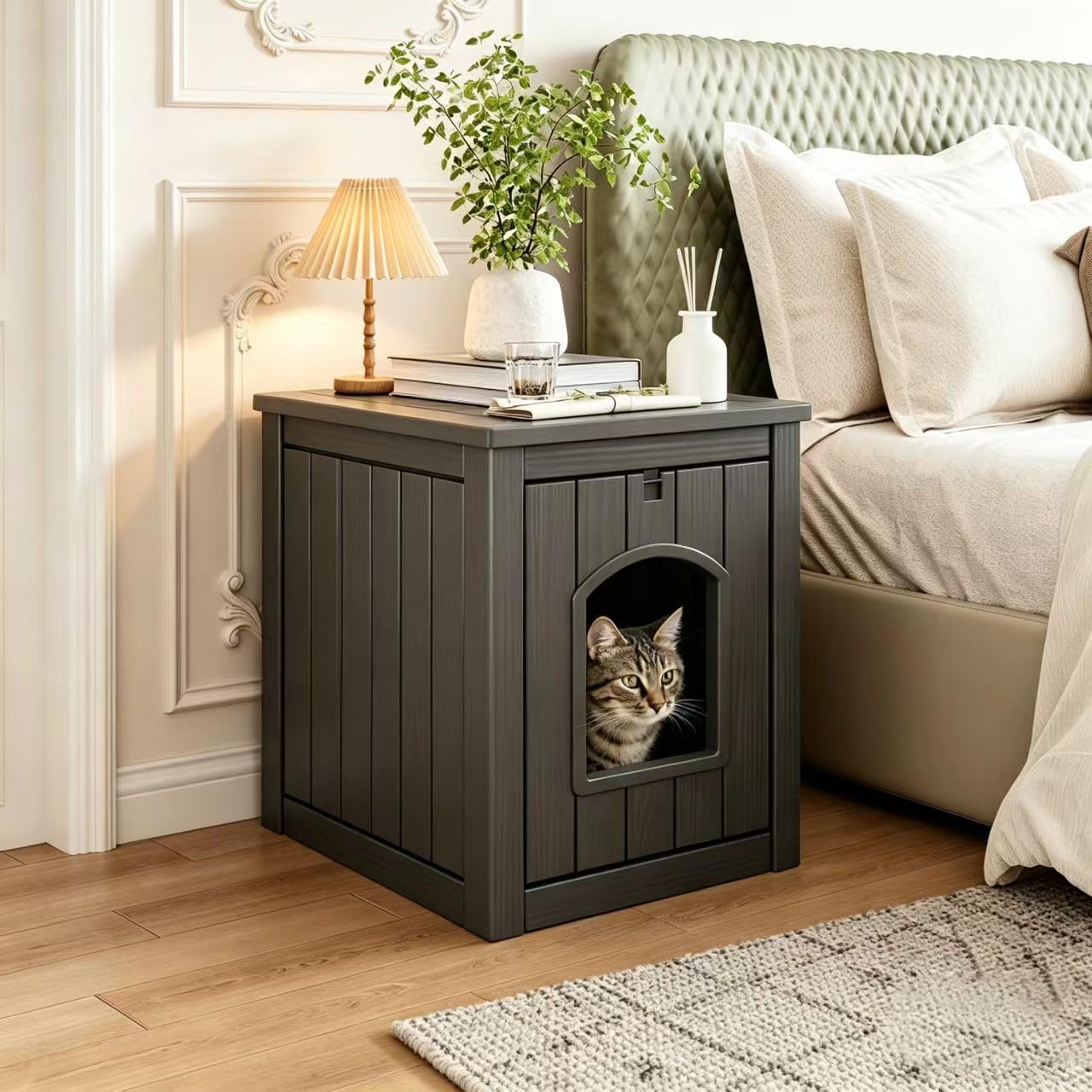 KAMABOKO Outdoor Cat House Weatherproof - Premium Resin Cat Shelter for Outdoor/Indoor Cats, Spacious Feral Cat House with Easy Assembly, Stylish Design for Garden, Patio & Backyard，Black