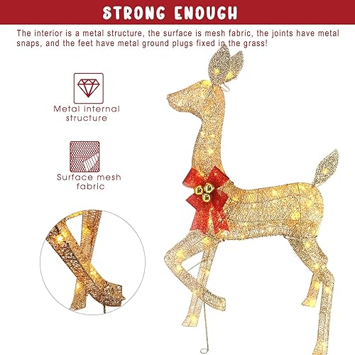 Miniatura 5 de Juego de 3 decoración de reno de Navidad para exteriores de 4 pies con 240 luces LED blancas cálidas, marco de metal duradero, tela de felpa