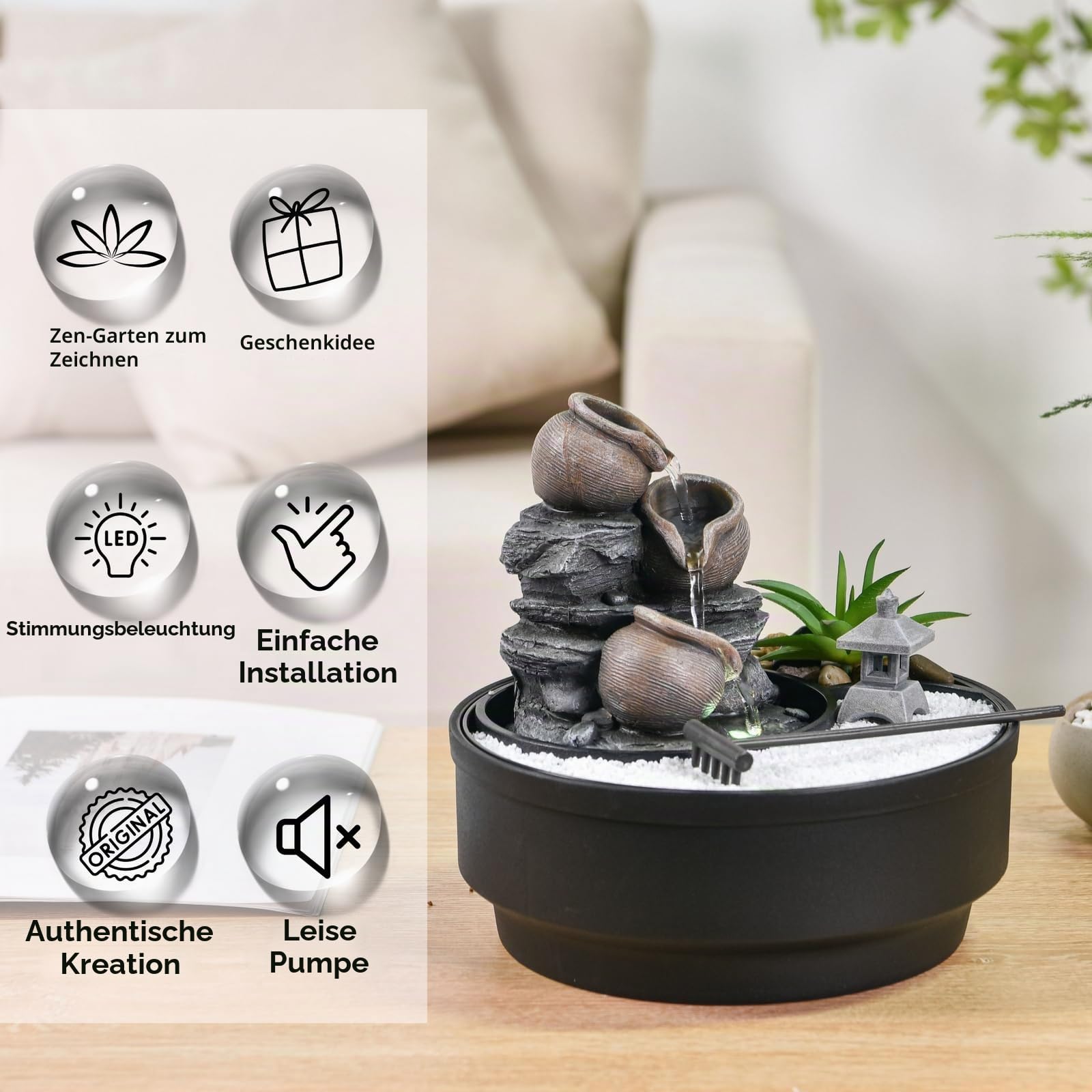 Zimmerbrunnen für den Garten, Zen, Wasserfall, Glas, buntes LED-Licht, Dekoration für entspannte Atmosphäre, Garten, Zen weißer Sand, Tischbrunnen, geschlossener Kreislauf, H21 cm – Oasis Zen'Light