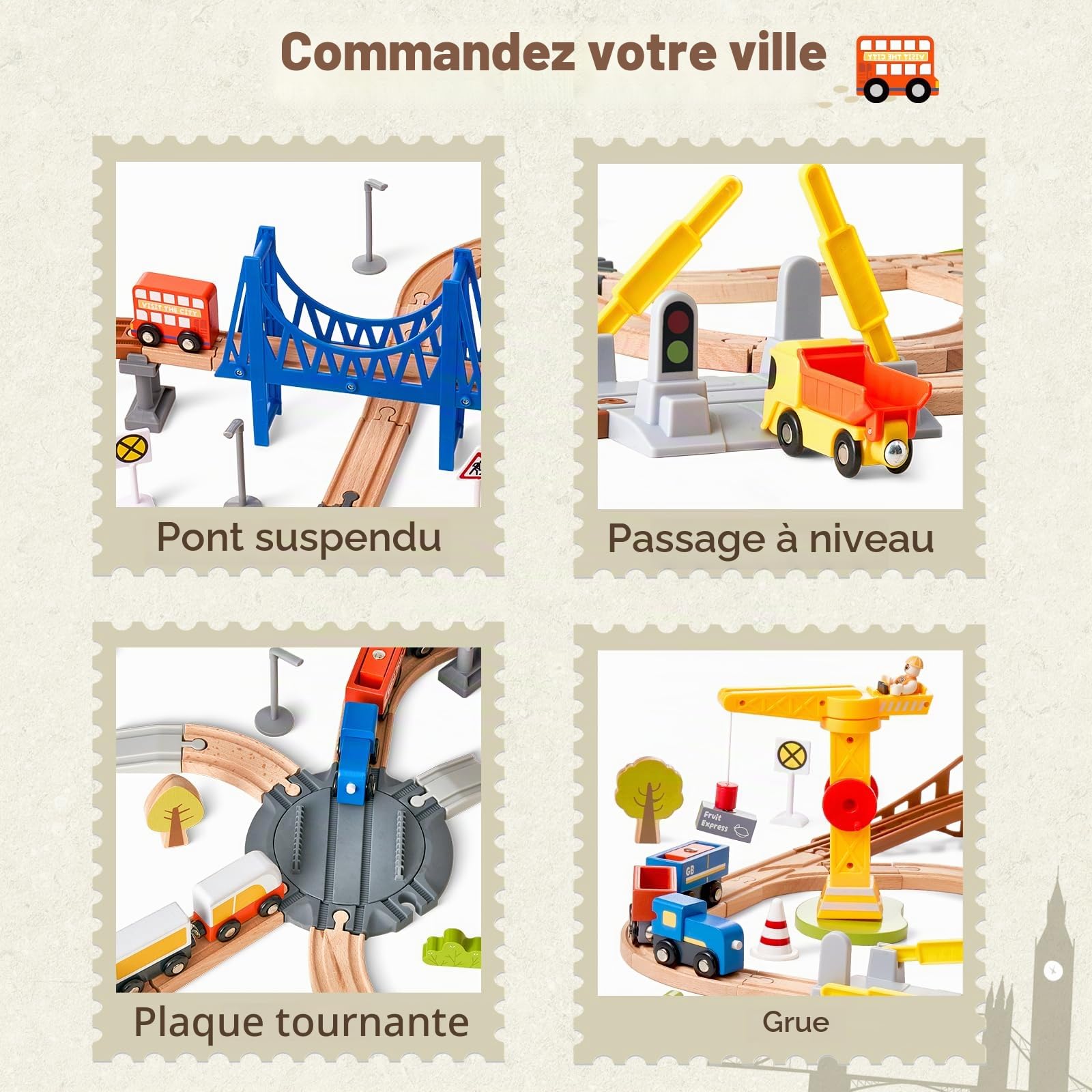Kit de Rails en Bois « Train Urbain Moderne » – Système de Train à Jouets pour Voitures, ponts, grues, quais et Plus Encore – Ensemble de 94 pièces de Train en Bois à partir de 3 Ans (Rails de métro)