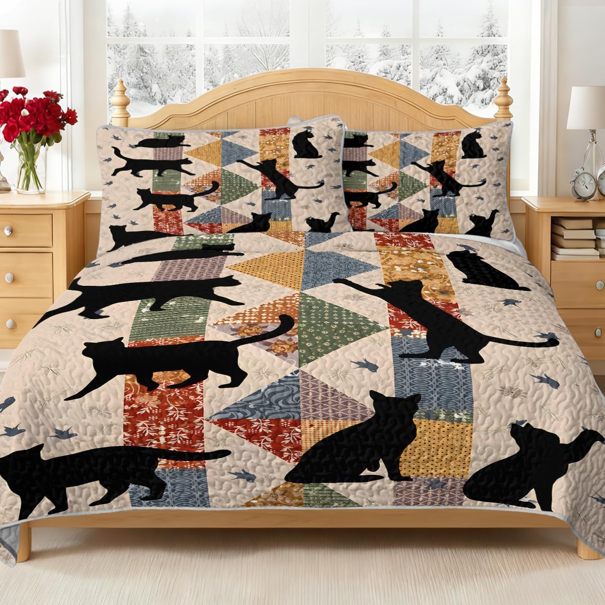 BlessLiving Black Cat Quilt Set 3 Pieces King Size Soft Lightweight Quilt Comforter Microfiber Boho Floral Cat Bedding Set with 2 Pillow Shams Bedspread for Boys Girls Adults Bedroom Decor