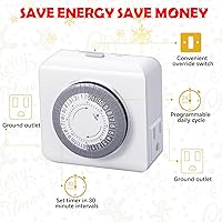 Vista 5 de Maxdot 4 temporizadores de 24 horas para enchufes eléctricos, temporizador mecánico de enchufe interior resistente, intervalos de 30 minutos