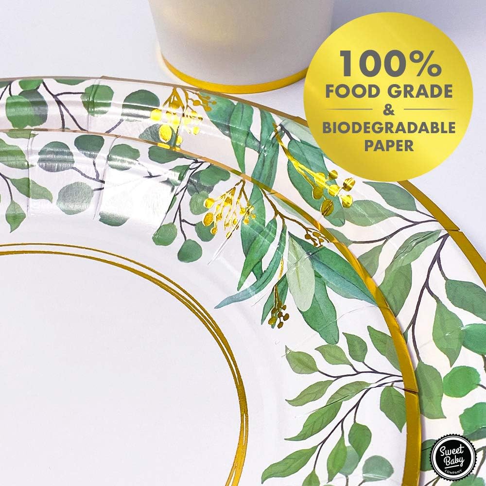 Sweet Baby Co. Sage Greenery Plates for 24 Jungle Theme Boho Party Supplies Bridal Baby Shower Napkins Boy Girl Paper Plate Napkin and Cups Safari Birthday Wedding Decorations Floral Gold Leaf Decor : Toys & Games